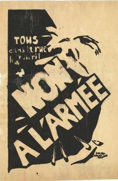 1968 - Tous dans la rue le 2 avril Non à l’armée - Imp. Sec Atelier populaire
Affiche...