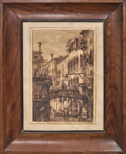 null CHEVALIER
Canal and palace in Venice
Pen and brown ink, signed "E.Chevalier"
28...