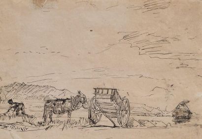 Filippo PALIZZI (Vasto 1818 - Naples 1899) 
The cart and the donkey
Black ink, signed...