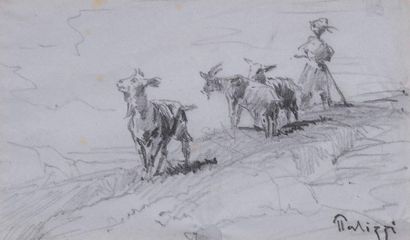 Filippo PALIZZI (Vasto 1818 - Naples 1899) 
Bergers et ses chèvres
Encre et crayon...