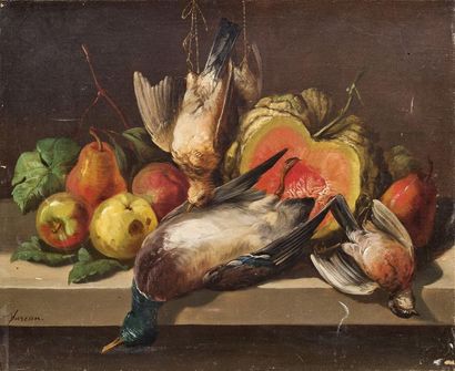 SUREAU (XIX-XX) 
Still life with rabbit and woodcock
Pair of oils on canvas, signed...