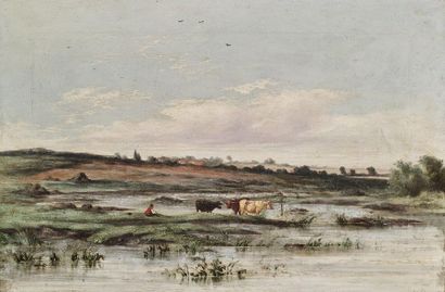 École FRANÇAISE, 
Peasant and his cows on the river
bank Canvas 35,5 x 53 cm