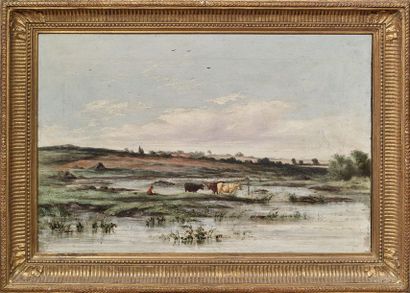 École FRANÇAISE, 
Peasant and his cows on the river
bank Canvas 35,5 x 53 cm