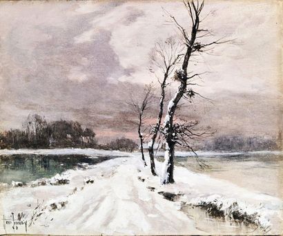 Henri JOURDAIN (1864-1931) 
Rivière sous la neige
Acrylique sur toile contre collée...
