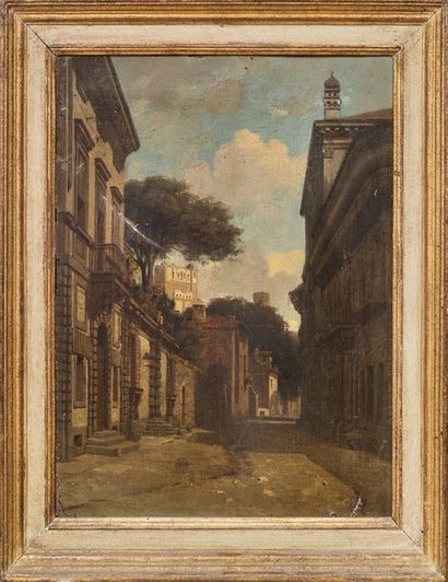 École française, vers 1860 
Rue d'une ville italienne
Toile
39 x 31 cm (Accident...