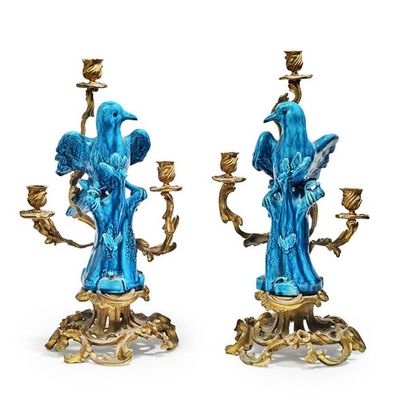 null Pair of candlesticks in gilt bronze and enamelled ceramic with birds decoration...