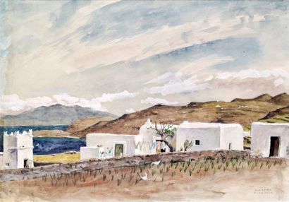 Marthe FLANDRIN (1904-1987) 
Paysage de Grèce
Aquarelle, signée en bas à droite
30...