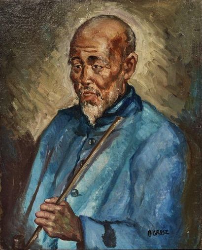 August Ignatz GROSZ (1847-1917) 
Portrait d'homme à la pipe et veste bleue
Toile,...