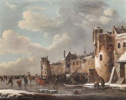 École HOLLANDAISE, fin XVIIeme siècle 
Frozen river landscape near a fortress
Oil...