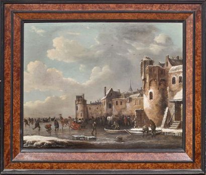 École HOLLANDAISE, fin XVIIeme siècle 
Paysage de rivière gelée près d'une forteresse
Huile...