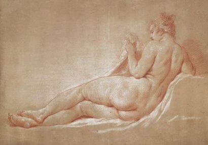 François BOUCHER (Paris 1703-1770) attribué à 
Etude de femme nue allongée de dos
Sanguine...