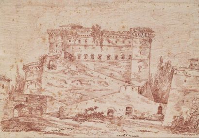 Jean Robert ANGO (? - Rome 1773) 
Le Castel Novo
Sanguine, titrée au centre en bas...