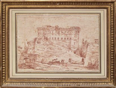 Jean Robert ANGO (? - Rome 1773) 
Le Castel Novo
Sanguine, titled in the centre bottom...