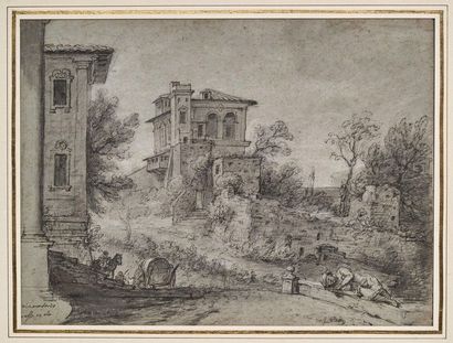 Ecole française, du XVIIIème siècle 
Landscape from Italy
Black pencil, pen and brown...