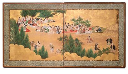 JAPON - Fin Époque EDO (1603 - 1868) 
Petit paravent à deux feuilles, samourai arrivant...