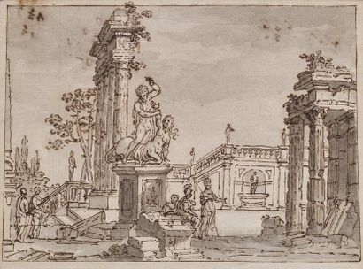 Ecole ROMAINE, du XVIIIème siècle 
Ruines animées
Plume, encre brune et lavis
17...