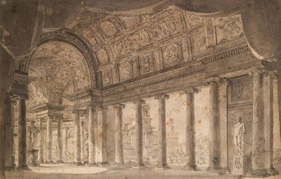 École VÉNITIENNE, vers 1800 
Projet de décor: Intérieur de temple de Bacchus
Plume...