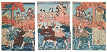 Utagawa Kuniyoshi (1798-1861) 
Triptyque oban tate-e, hommes s'attaquant à coups...