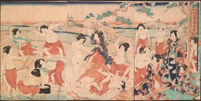 Utagawa Kunisada II Triptyque oban tate-e, de la série Tokyo Genji, Yuki no akebono...