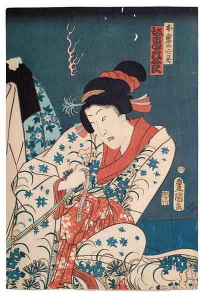 UTAGAWA TOYOKUNI III (1786-1865) 
Sept oban tate-e (dont parties de triptyque) représentant...