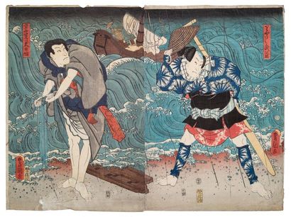 UTAGAWA TOYOKUNI III (1786-1865) 
Quatre diptyques, samourai après un naufrage, samourai...