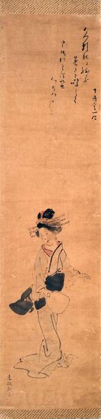 JAPON - XIXE SIÈCLE 
Encre et couleurs sur papier, geisha dansant. (Couleurs passées,...