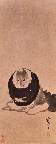 JAPON - Début XXe siècle 
D'après Hokusai
Gravure sur papier, tanuki méditant.
Dim....