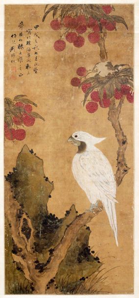 CHINE - XIXe siècle 
Encre et couleurs sur soie, perroquet perché parmi les fruits....