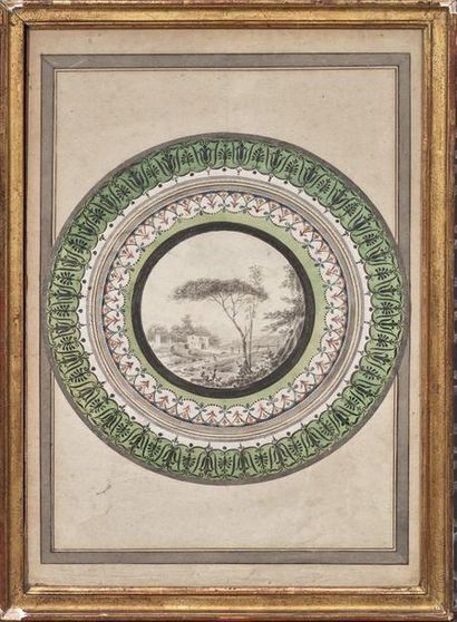 Ecole FRANÇAISE, fin XVIIIeme siècle 
Projects of plates with central sceneries of...