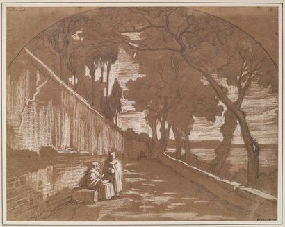 Edouard BERTIN (Paris 1797-1871) 
La terrasse du monastère de Sorrente
Crayon noir...