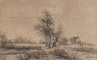 Jan HUSLWIT (Amsterdam 1766-1822) attribue à 
Paysage de ferme
Crayon noir et lavis...