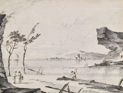 Giacomo GUARDI (Venise 1764-1835) 
Paysage de la lagune
Plume, encre brune et lavis...