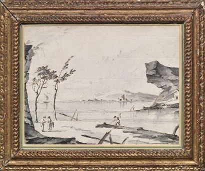 Giacomo GUARDI (Venise 1764-1835) 
Paysage de la lagune
Plume, encre brune et lavis...