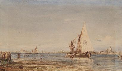 Félix ZIEM (1821-1911) 
Bateau sur la lagune
Aquarelle plume encre brune et rehauts...