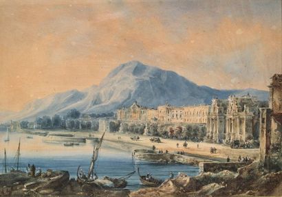 Ernest RAFFORT Vue d'un palais aux environs de Naples
Aquarelle gouachée, signée...