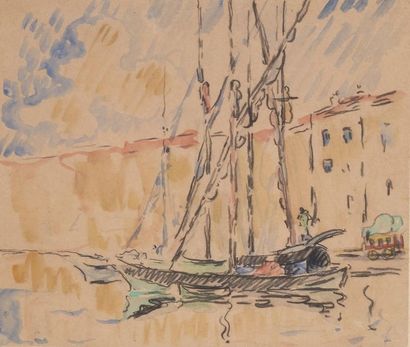 Paul SIGNAC (Paris 1863-1935) attribué à 
Bateau au port
Aquarelle, non signée 12,5...