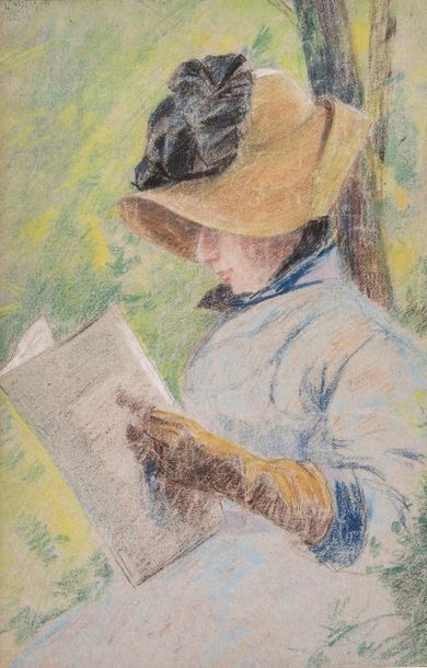 École FRANÇAISE, deuxième partie XIXème siècle 
Femme lisant
Pastel, annoté au verso...