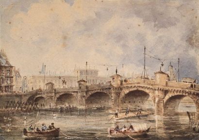 Charles Claude PYNE (Guildford 1802-1878) 
Vue du Pont Neuf
Aquarelle grattage et...