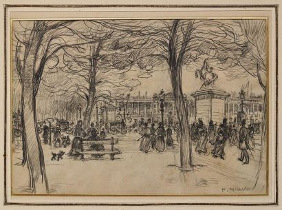 Henri Pierre PAILLARD (1844-1912) 
Vue de la place de la Concorde
Dessin à la mine...