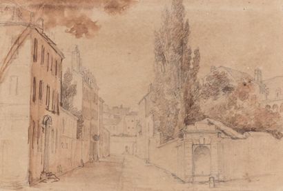 ÉCOLE FRANÇAISE, début XIXème siècle 
Vue d'une rue
Crayon noir, plume
9 x 13,5 ...