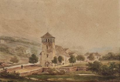 Eugène CICERI (Paris 1813-1890) 
Paysage à l'église
Aquarelle, signée et datée 1828...