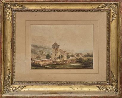 Eugène CICERI (Paris 1813-1890) 
Paysage à l'église
Aquarelle, signée et datée 1828...