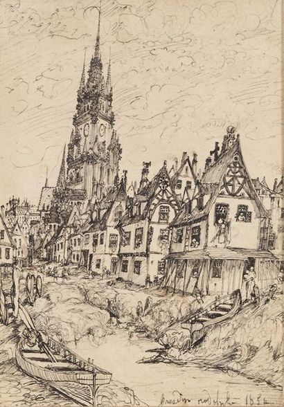 Rodolphe BRESDIN (Fresne-sur-Loire 1822 - Sévres 1885) 
Paysage avec une église
Encre...