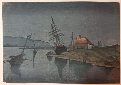 Prosper Alphonse ISAAC Voilier et maison de pêcheur la nuit
Gravure sur bois imprimée...