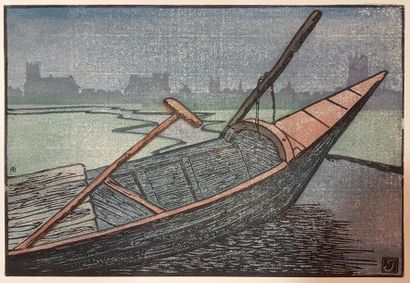 Prosper Alphonse ISAAC Barque au rivage la nuit
Gravure sur bois imprimée en couleurs...