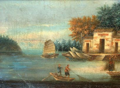 Ecole de HONG KONG XIXe siècle « Pêcheurs et jonques » Huile sur toile, marouflée...