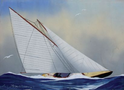 Léon HAFFNER (1881-1972) « Petit yacht monotype vu par tribord » Gouache au pochoir...