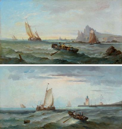 A. BUDIN (Marine du XIXe siècle) « Sortie de port » Deux huiles sur toile, signées...
