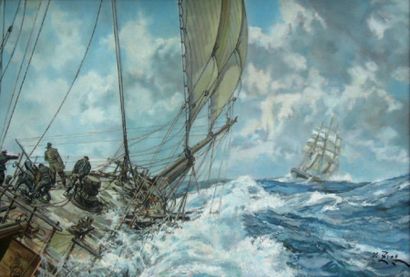 Victor ZVER (XXe siècle) « Equipage à la manoeuvre à l'avant d'un grand voilier »...