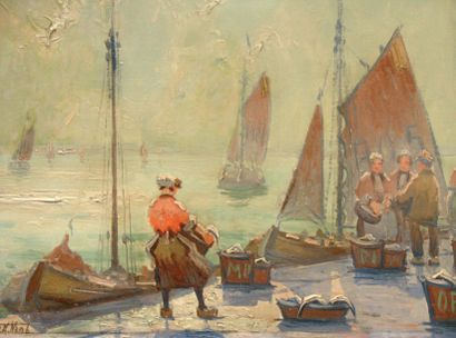 Ecole HOLLANDAISE (XIXe siècle) « Le retour de la pêche » Huile sur toile, signée...